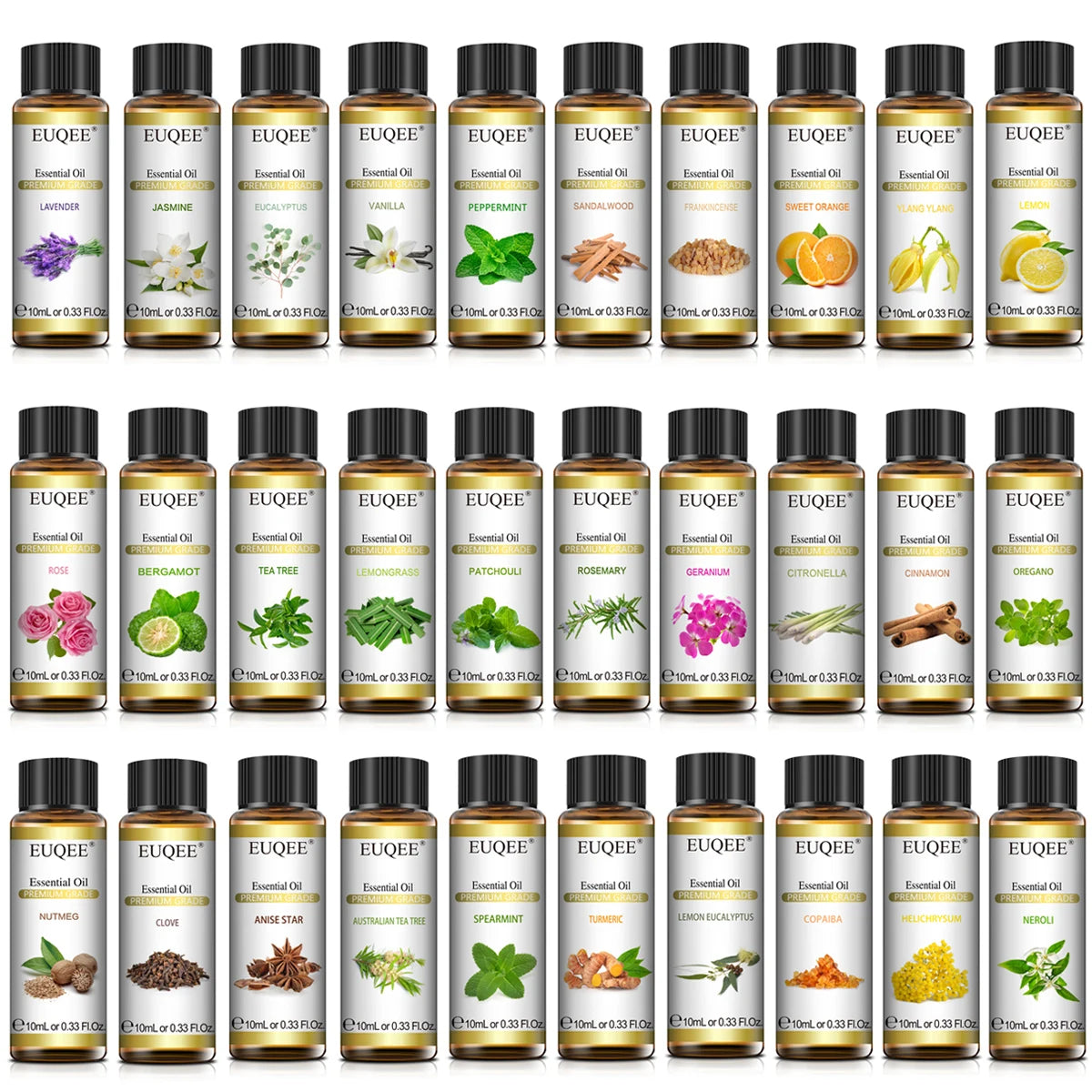 EUQEE 10ml Reines Natürliches Ätherisches Öl Lavendel Jasmin Eukalyptus Vanille Sandelholz Süße Orange Zitrone Oregano Neroli Duft