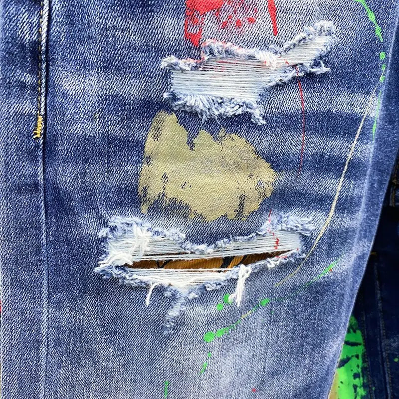 Luxury Brand 2025 Printing Graffiti Jeans Men's Fashion Ripped Spray Paint Pants Ruffian Handsome Punk Streetwears Pants Man