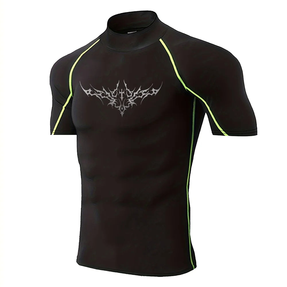 Herren Gothic-Print schnelltrocknendes Langarm-Fitness-Workout-Stretch-Enges Top Stehkragen atmungsaktives Trainings-T-Shirt S-3XL