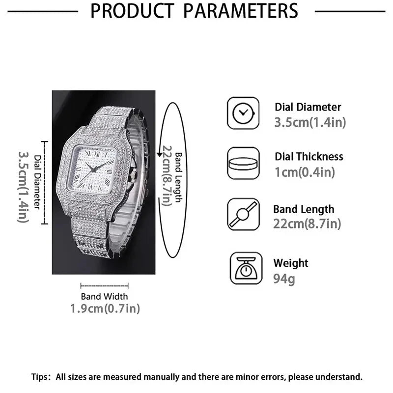 Product parameters of a silver watch with measurements on a white background
