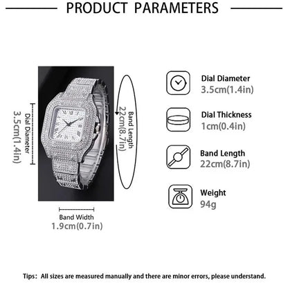 Product parameters of a silver watch with measurements on a white background