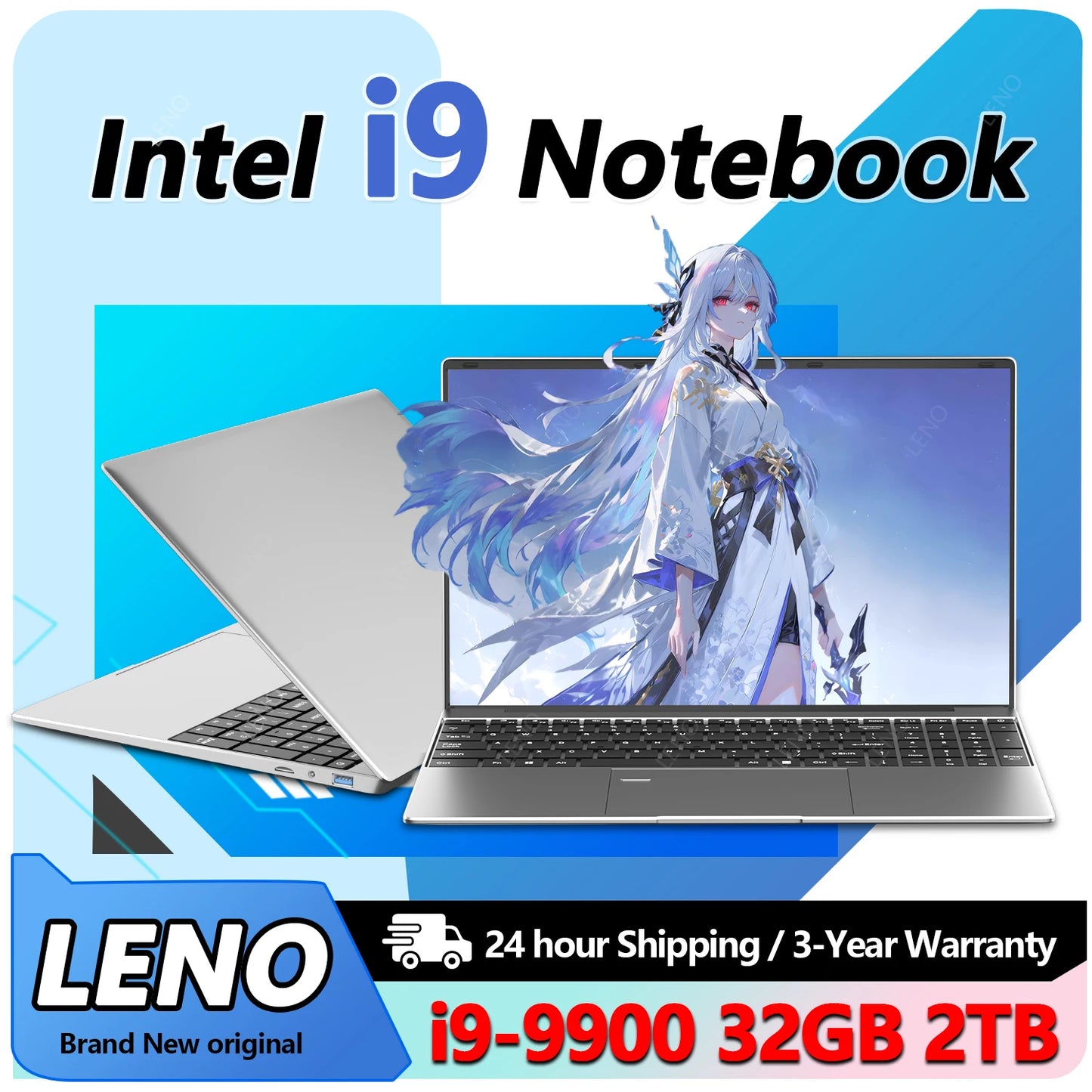 Intel i9 Notebook with character on screen against a blue background, featuring LENO branding.