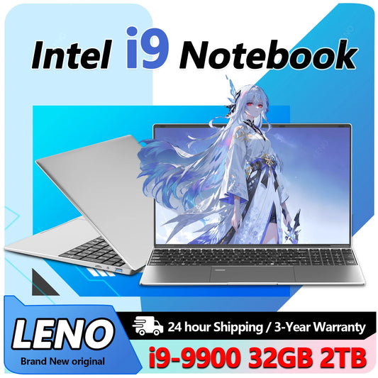 Intel i9 Notebook with character on screen against a blue background, featuring LENO branding.