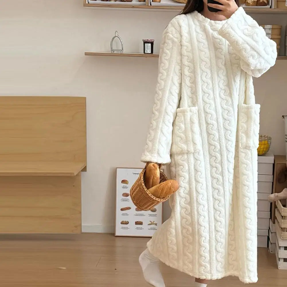 Winter Women Flannel Nightgowns Long Sleeve Double Pocket Loose Solid Sleepwear Jacquard Night Dress Thickened Warm Nightdress