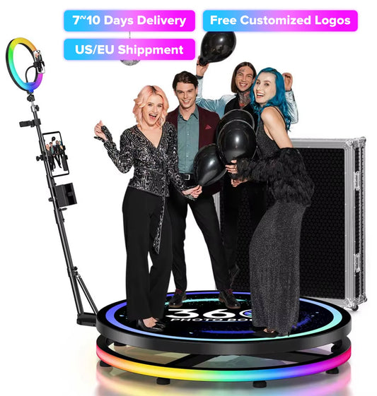 360° Fotoautomaten-Maschine Selfie-Stand Kostenlos anpassbares Logo mit RGB-Licht App-Fernbedienung für Partys und Events mit Koffer