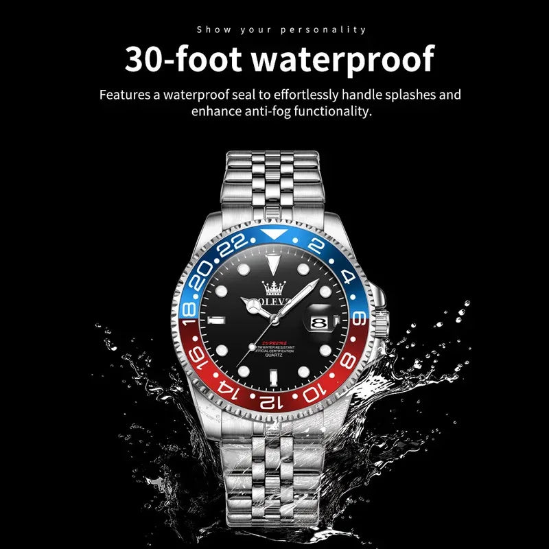 Wristwatch with a colorful bezel and water splashing around it on a black background.