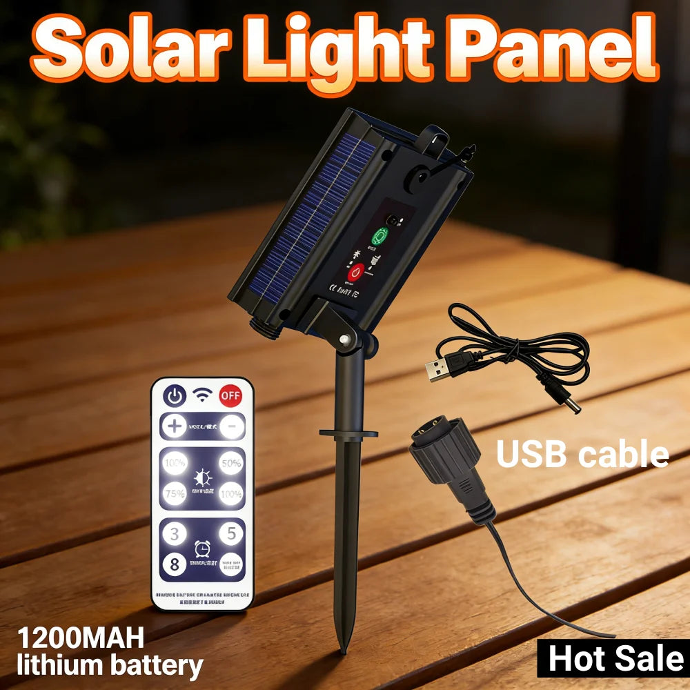Solar light panel with remote control and USB cable on a wooden surface, labeled 'Hot Sale'.