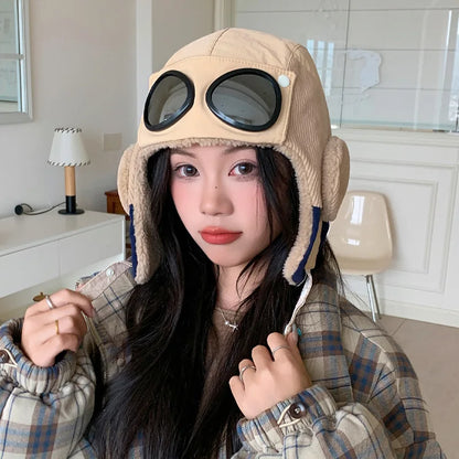 Autumn and winter velvet warm hat, women's goggles, flight hat, outdoor cycling windproof ear protection, Lei Feng hat