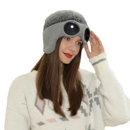 Pilot Goggles with Fleece Knit Hat for Autumn and Winter Cold Weather Protection, Warm Woolen Hat for Men and Women, Versatile T