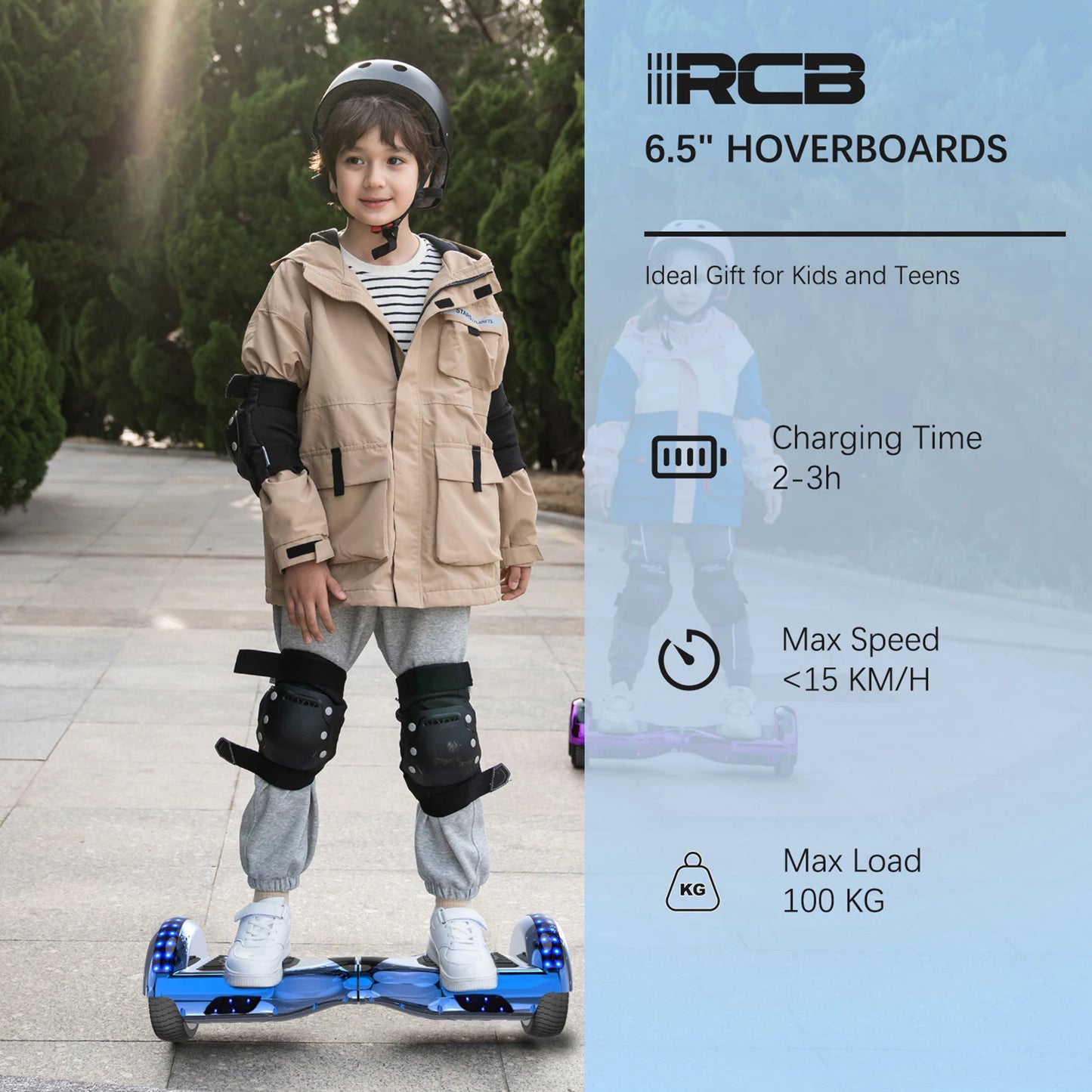 Child on a hoverboard with RCB branding and product specifications.