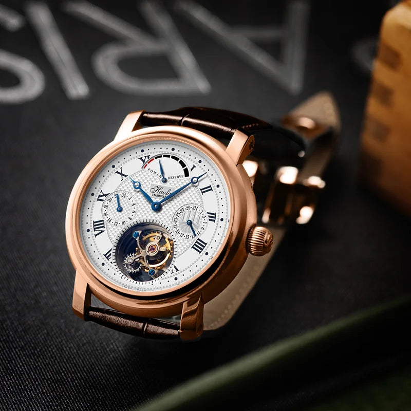 18K Solid Gold Tourbillon Watch Multi-function Dial Manual Mechanical Watch Sapphire