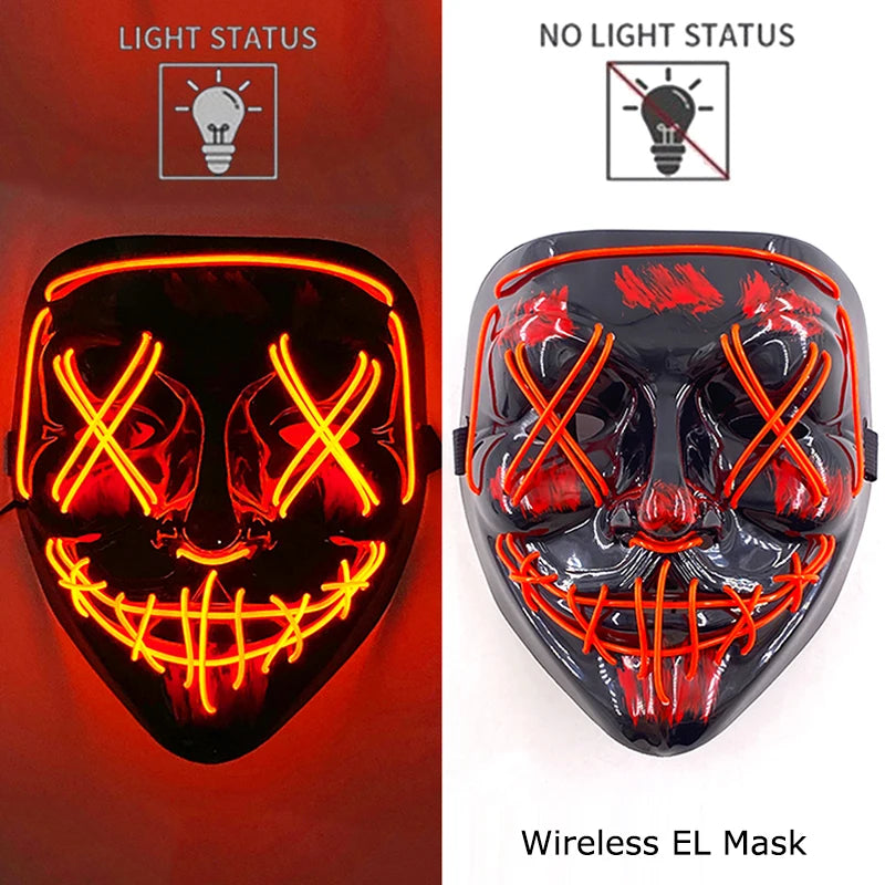 Drahtlose Neon-LED-Reinigungsmaske, im Dunkeln leuchtende Cosplay-Horrormaske, Halloween-Maskerade-Partymasken, leuchtende, lustige Verkleidung