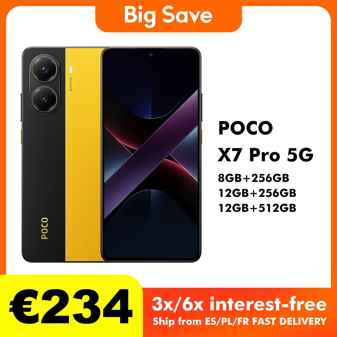 Poco X7 Pro 5G smartphone with color options and pricing details on a promotional background.