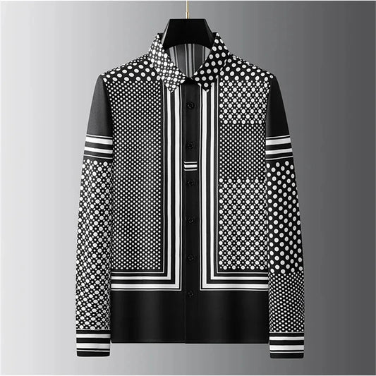 Black and white patterned shirt on a gray background