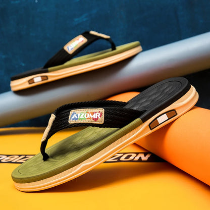 Green sandals with a brand logo on a blue and orange background