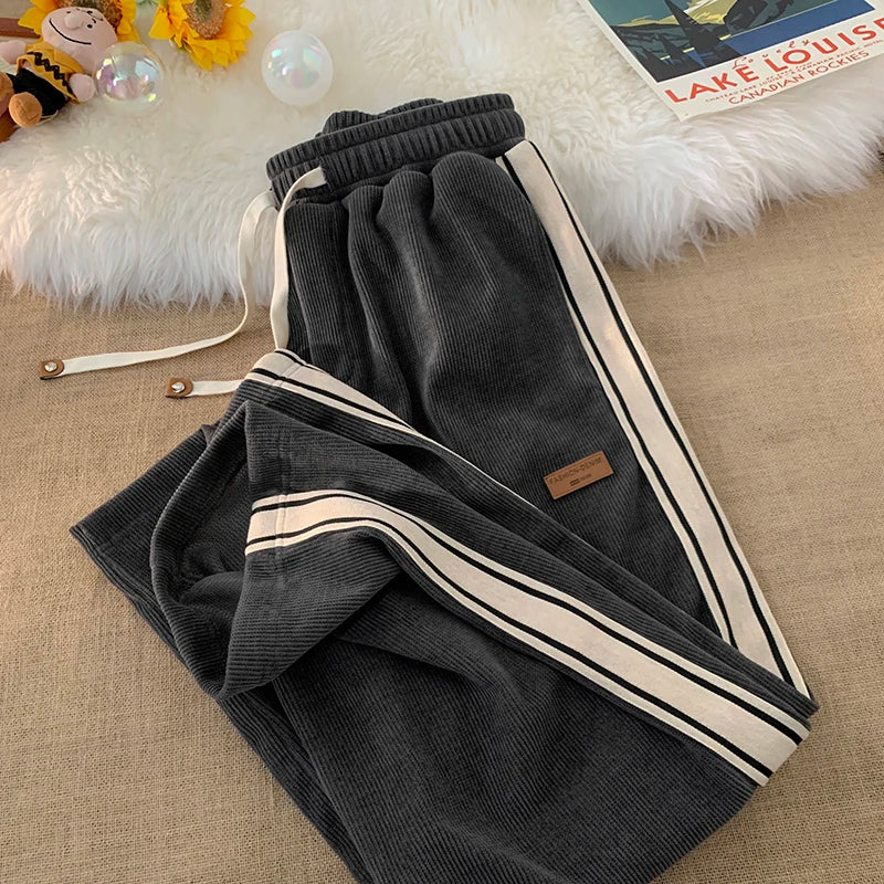 Corduroy Men's Pants Autumn Winter New Sle Hong Kong Sle Trendy Wide Leg Straight Elastic Waist Sports Casual Long Trousers