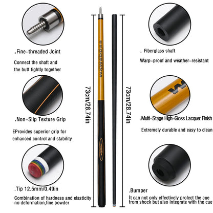 Professional Low Deflection Pool Cue with Fiberglass Front - 12.5mm Anti-Explosion Tip, Fast 3-Thread Stainless Joint (Includes