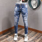 Fashion Streetwear Herren Jeans Retro Schwarz Blau Elastisch Slim Fit Ripped Jeans Herren Spleiß Designer Stickerei Hip Hop Denim Hose