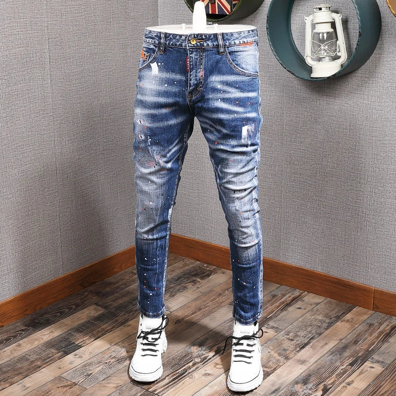 Fashion Streetwear Herren Jeans Retro Schwarz Blau Elastisch Slim Fit Ripped Jeans Herren Spleiß Designer Stickerei Hip Hop Denim Hose