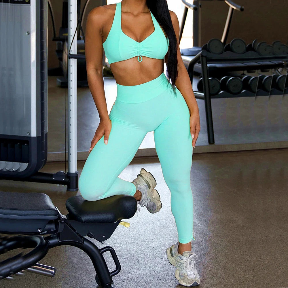 2PCS Pad Yoga Set Sports Suit Gym Leggings Women Clothes Fitness Tracksuit Workout Short Sleeve Female Athletic Sportswear XP04