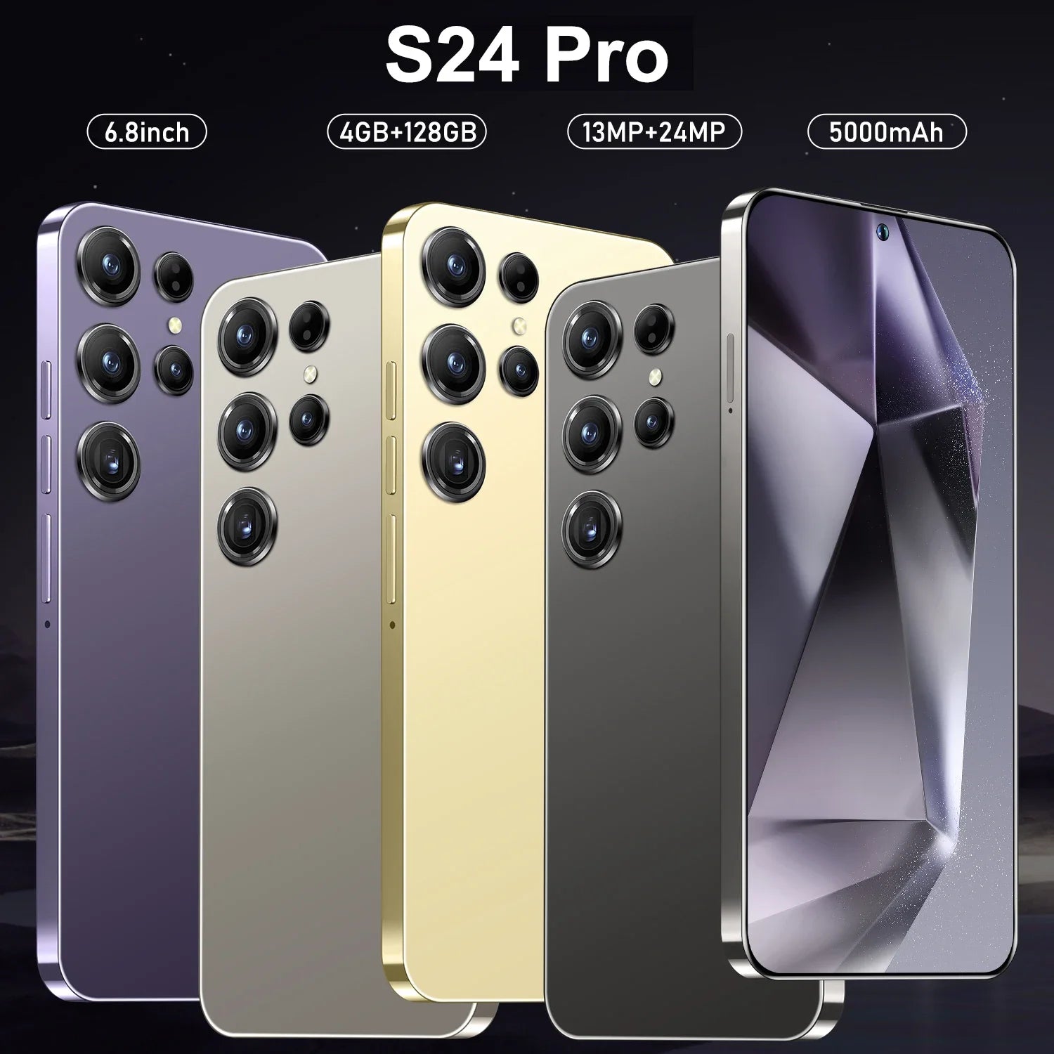 Four smartphones in different colors with specifications displayed above them.