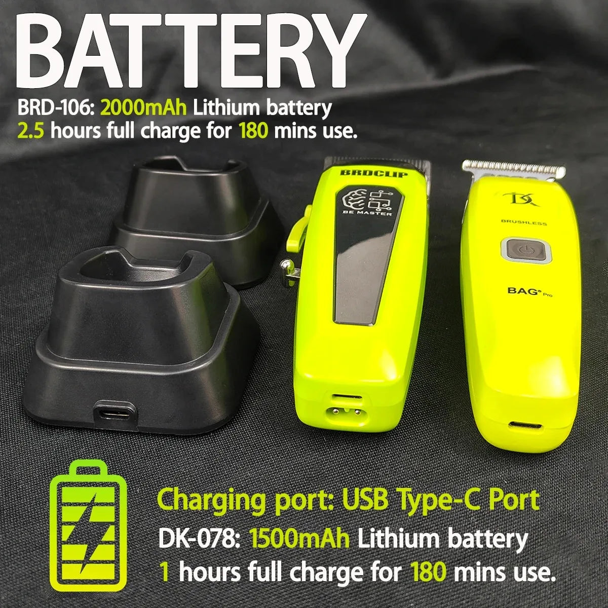 Hair trimmer with battery and charging port on a dark background