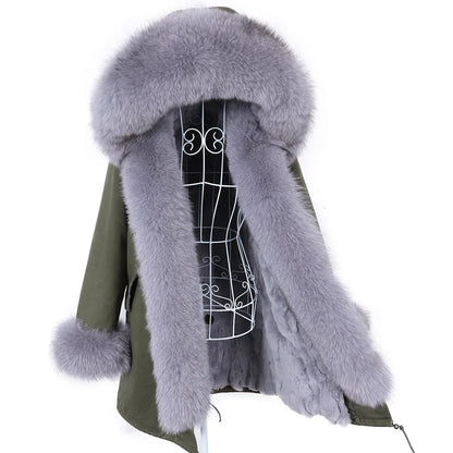 MAOMAOKONG 2023 Abnehmbarer Echtfuchs Pelzkragen Mäntel Damen Winterjacke Kapuze Kaninchenfellfutter Lange Parkas Damenbekleidung