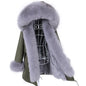MAOMAOKONG 2023 Abnehmbarer Echtfuchs Pelzkragen Mäntel Damen Winterjacke Kapuze Kaninchenfellfutter Lange Parkas Damenbekleidung