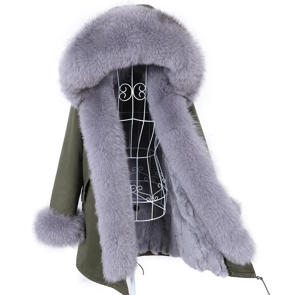 MAOMAOKONG 2023 Abnehmbarer Echtfuchs Pelzkragen Mäntel Damen Winterjacke Kapuze Kaninchenfellfutter Lange Parkas Damenbekleidung
