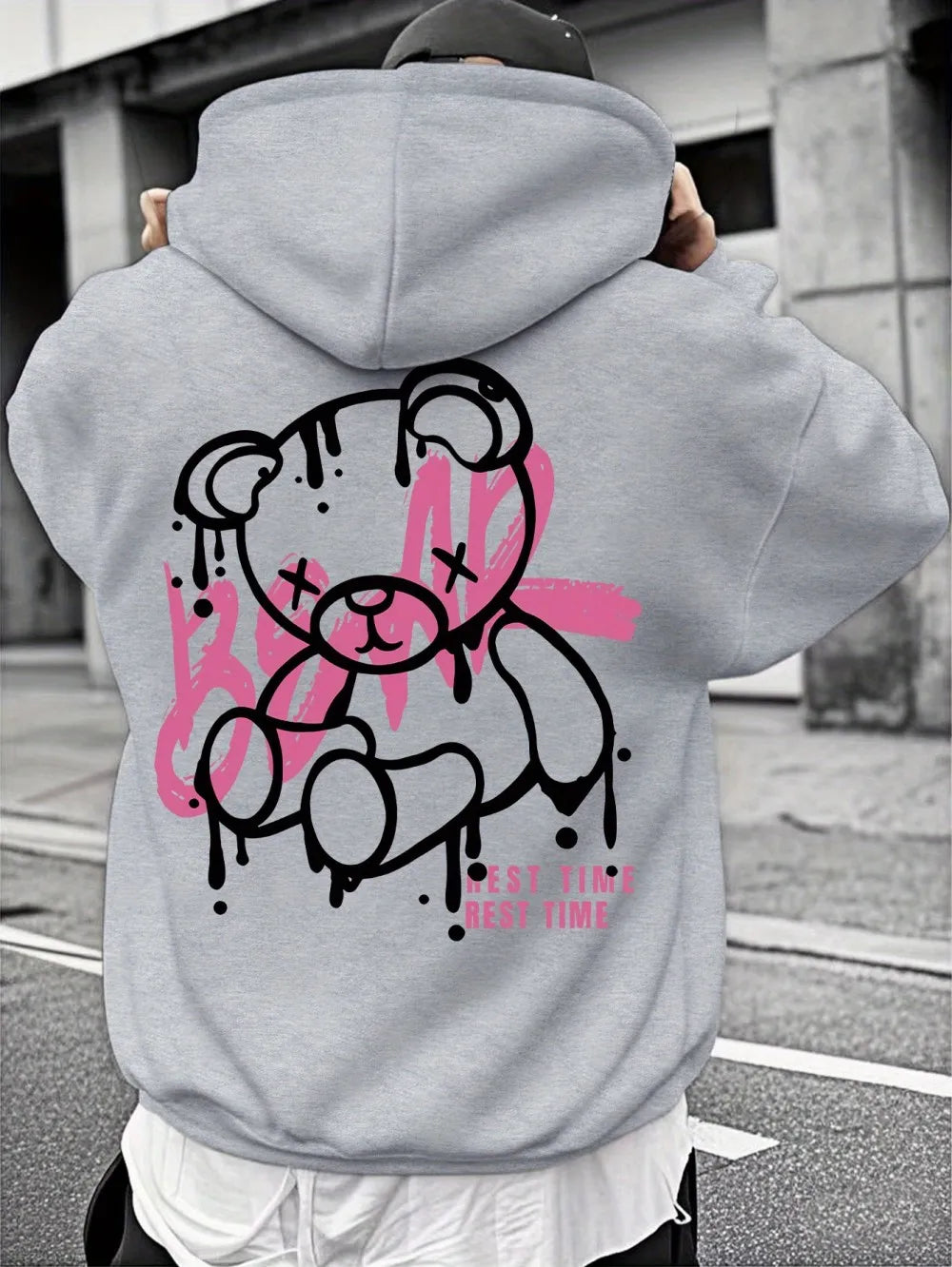 Fashionable men's autumn personalized teddy bear print soft and comfortable hooded sweatshirt outdoor street style clothing