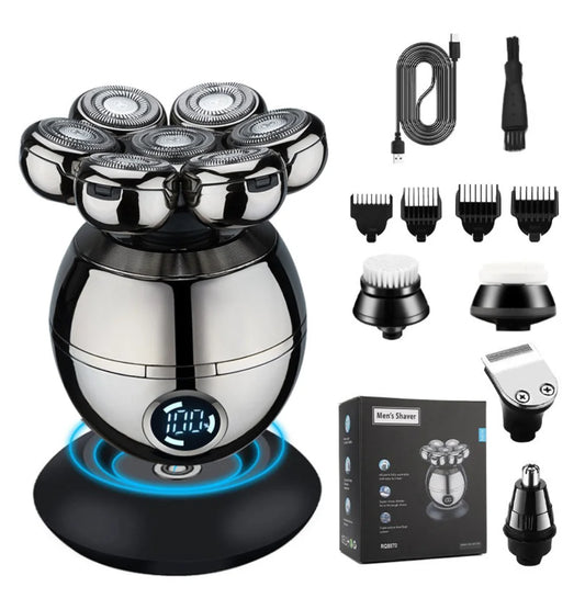 Electric shaver set with multiple attachments on a white background