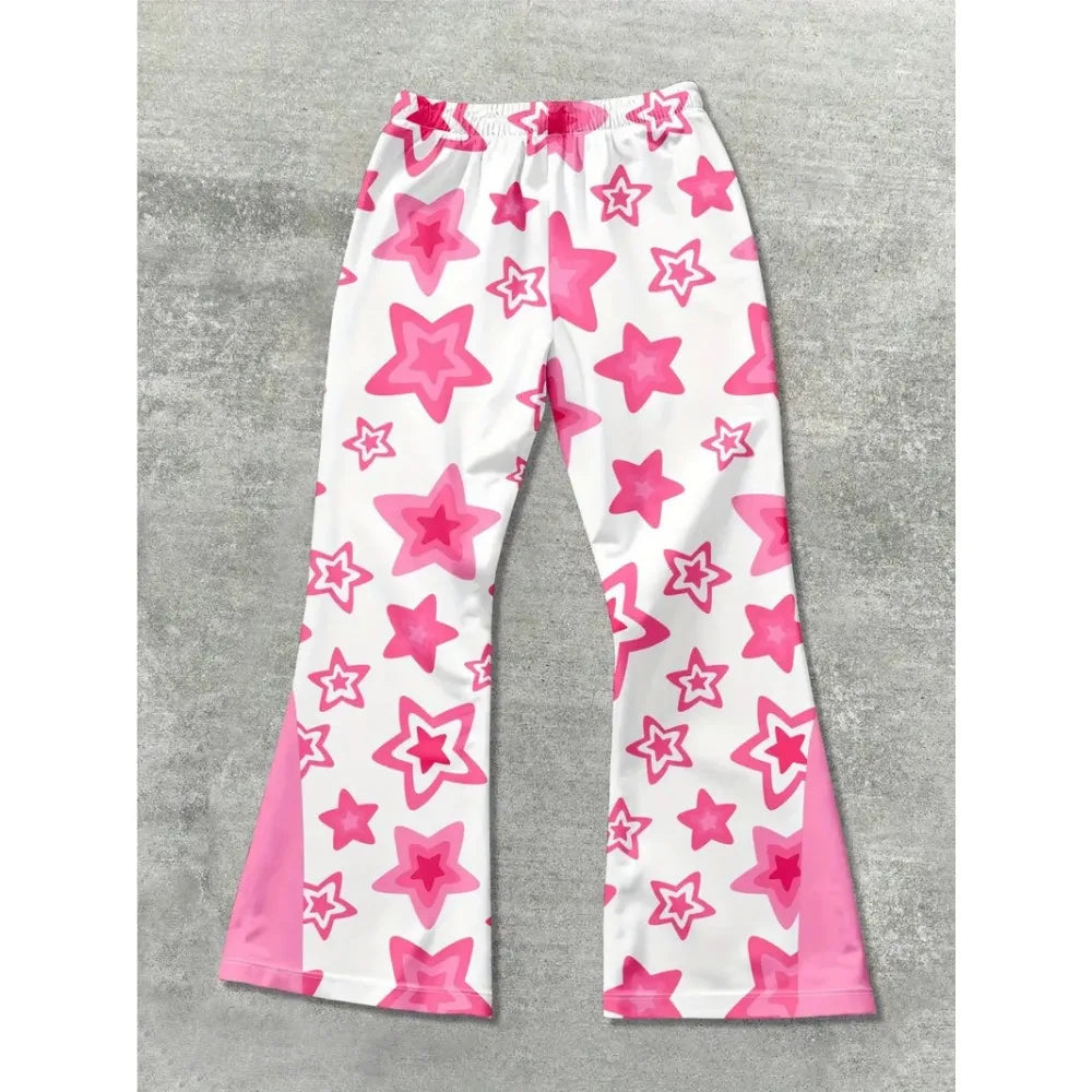 White pants with pink star pattern on a gray surface