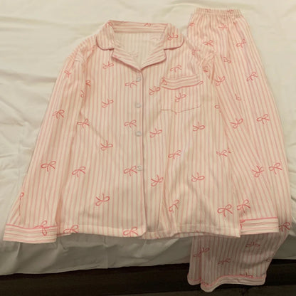 Pink Bow Dtie Design Pajamas for Women Long Sleeve Top & Elastic Waist Pants Pajamas Set Style Casual New Home Wear