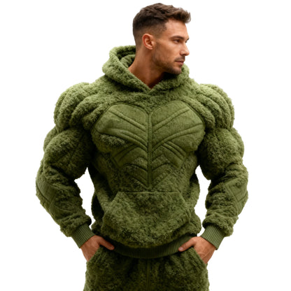 Men's Fashion Flannel Hoodie Pullover Abdominal Muscle Design Sportswear Autumn Winter Casual Long Sleeve Hooded Sweatshirt