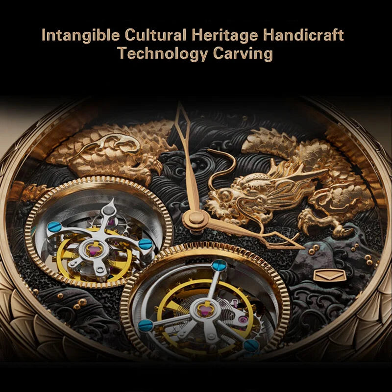 Dual Tourbillon Top Manual Mechanical Watch Hand Wind Watches 18K RoseGlod