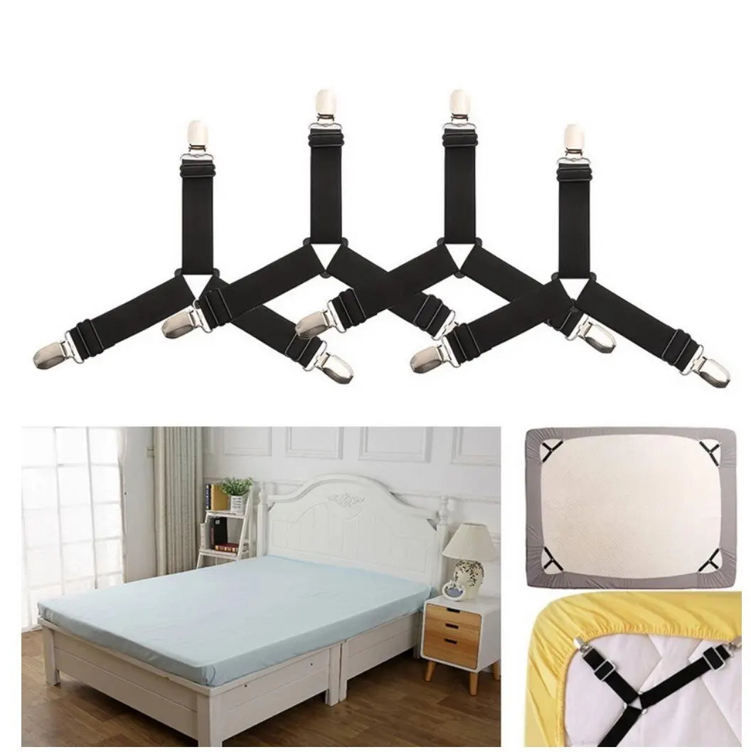 4er-Set verstellbare Bettlaken-Befestigungsbänder, elastische Matratzenbezug-Eckhalter-Clips, Greifer, Hosenträger-Kordel, Haken-Schlaufen-Verschlüsse