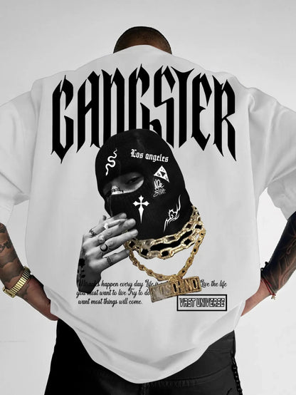 Herren Oversized Gangster Grafik T-Shirt - Streetwear Kapuzenmasken-Design mit Gangster-Schriftzug & West Coast Schriftzug