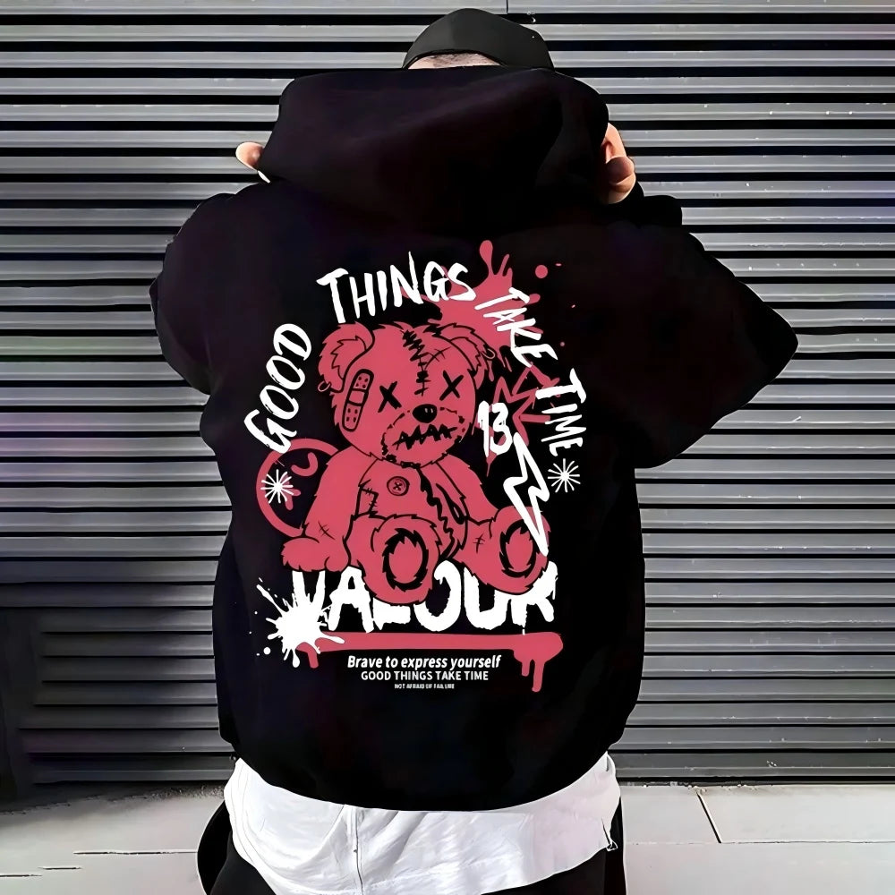 2025 New Men's Autumn Fashion Bear Printed Soft and Comfortable Hoodie Outdoor Urban High Street Clothing