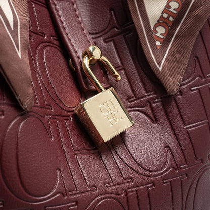 CH New Tote Bag Embossed Logo Silk Scarf Decor Lock Buckle Burgundy Fashion Women Casual Daily Handbag