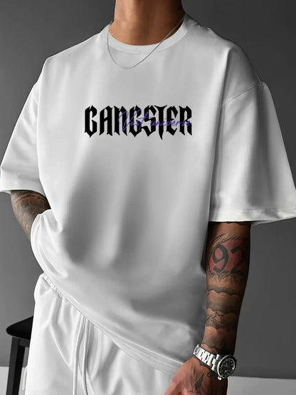 Herren Oversized Gangster Grafik T-Shirt - Streetwear Kapuzenmasken-Design mit Gangster-Schriftzug & West Coast Schriftzug