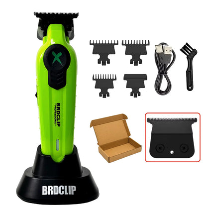 Green hair trimmer set with attachments and BRDCLIP branding on a white background