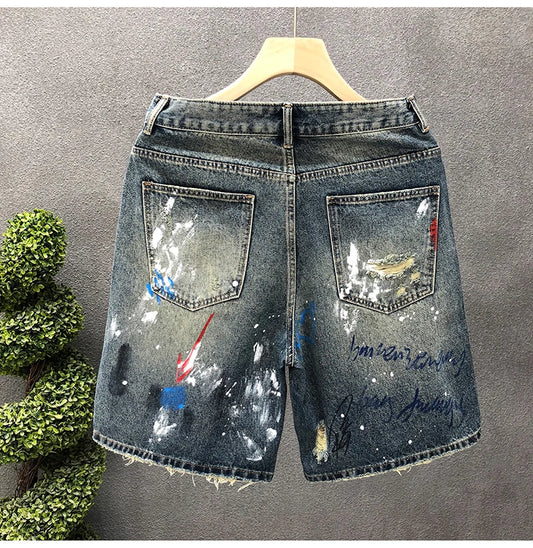 Men's Hip Hop Ripped Graphic Denim Shorts