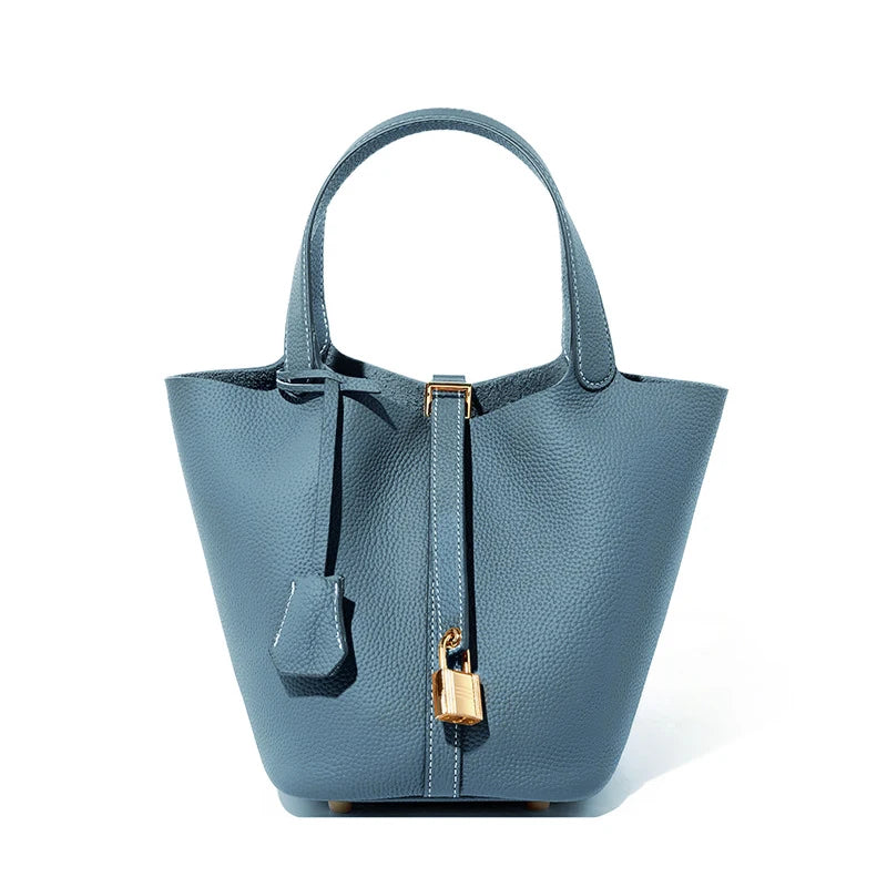 Genuine Leather Shoulder Bucket Bag Women Litchi Pattern Mini Basket Tote Soft Handbag Mommy Bride Wedding Bags with Lock