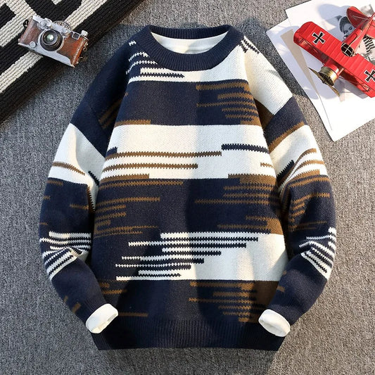 Herren Herbst und Winter Pullover Strickpullover Rundhals Langarm Faden Kontrastfarbe Unterhemd Top