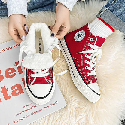 Winter Warm Fleece High Top Canvas Shoes Women's Hot Sale Of The Season Candy Color Retro Simple Cotton Shoes Casual Shoes Rubbe