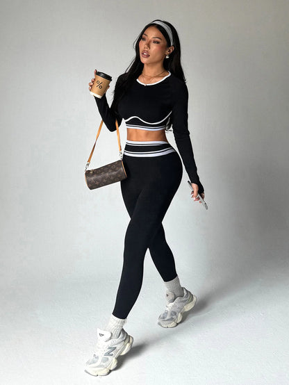 Autumn and winter sports yoga sets, women's round-neck long-sleeved tops and tight-fitting trousers, outdoor fitness yoga wear
