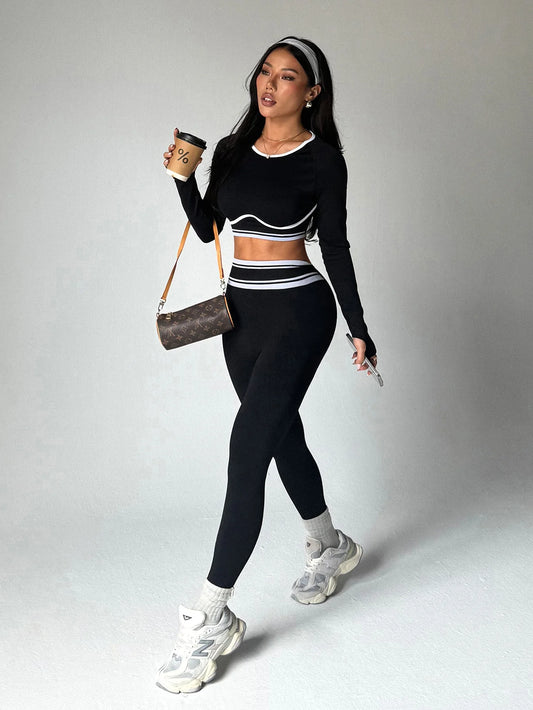 Autumn and winter sports yoga sets, women's round-neck long-sleeved tops and tight-fitting trousers, outdoor fitness yoga wear