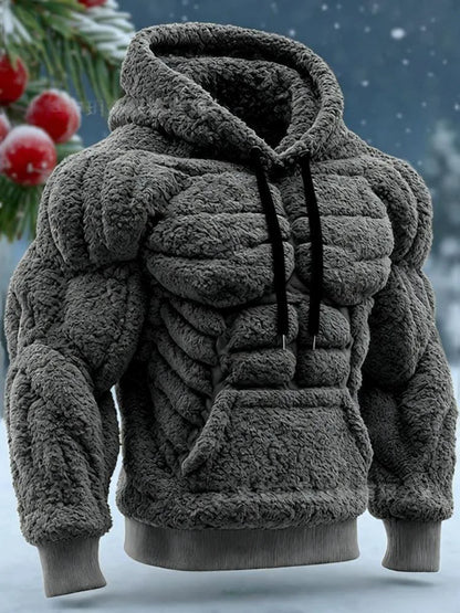 Men's Casual Sports Hoodie Fleece Lined Chest Muscle Print Long Sleeve Loose Fit Polyester Fiber Digital Print Hooded Sweatshirt