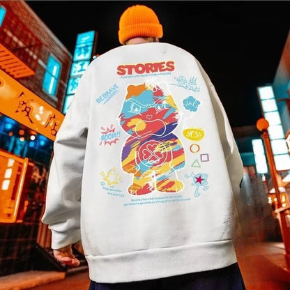 M-8XL Men Oversized Sweatshirt Fashion Loose American Style Trendy Color Graffiti Bear Print Long Sleeve Couple Clothes