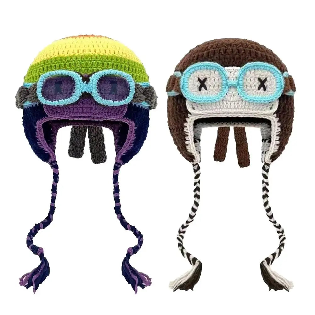 Korean Niche Pilot Knitted Hat With Detachable Glasses Funny Knitted Beanie Cap Unisex Autumn Winter Warm Ear Protection Hats
